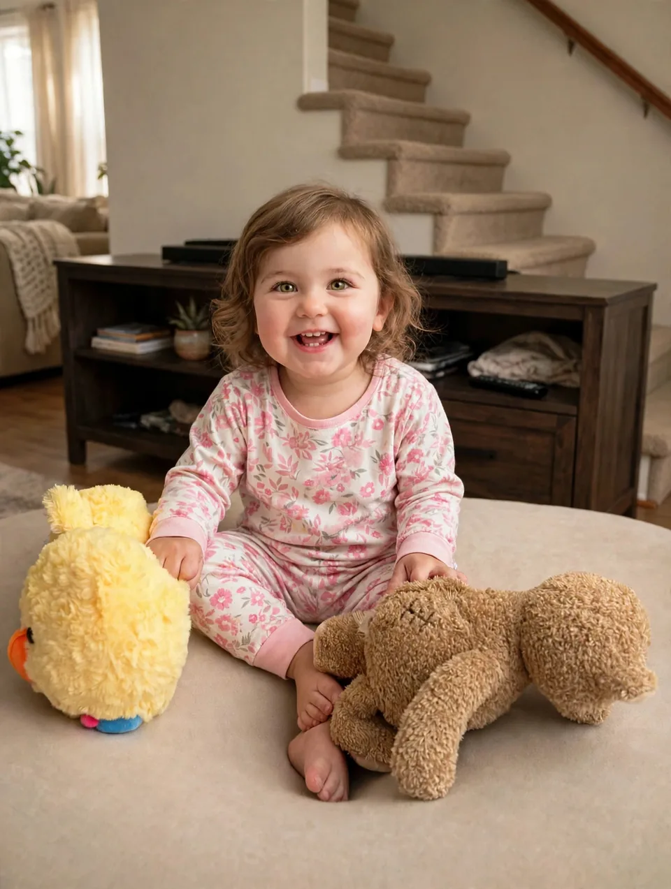 The original everyday phone photo: the baby girl in floral pajamas sitting on an ottoman in the living room, TV stand and stairs behind her, her duck and teddy beside her