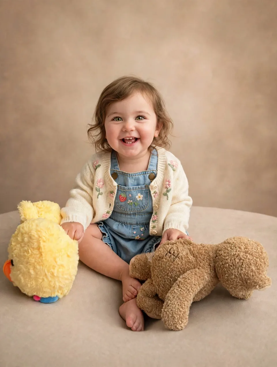 Finished studio portrait: the same smiling baby girl in denim overalls and a floral cardigan against a warm beige backdrop, her yellow duck and teddy bear beside her