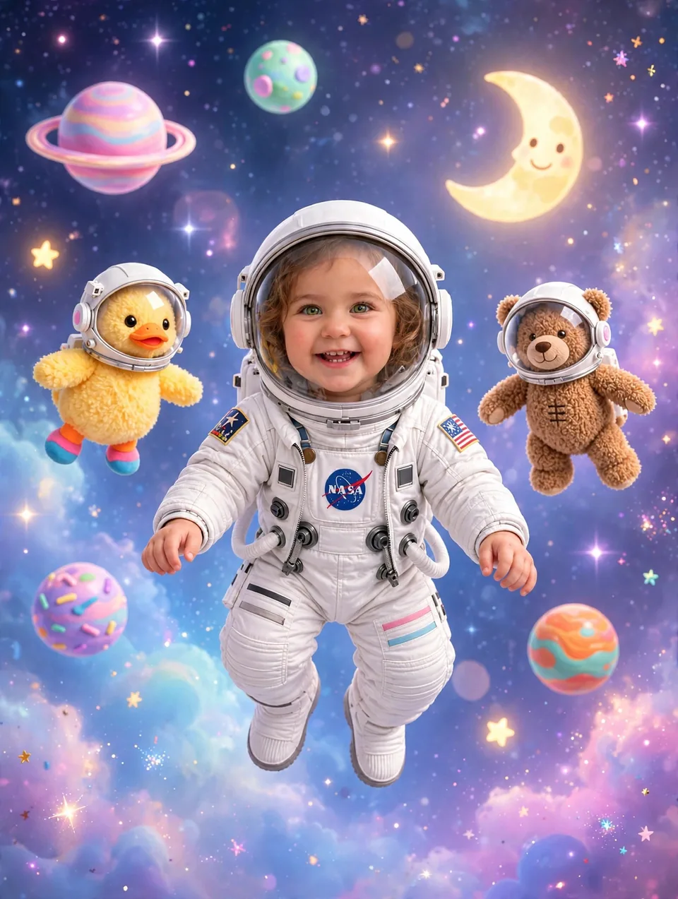 Astronaut portrait: the baby floating in a space suit, her duck and bear in helmets beside her