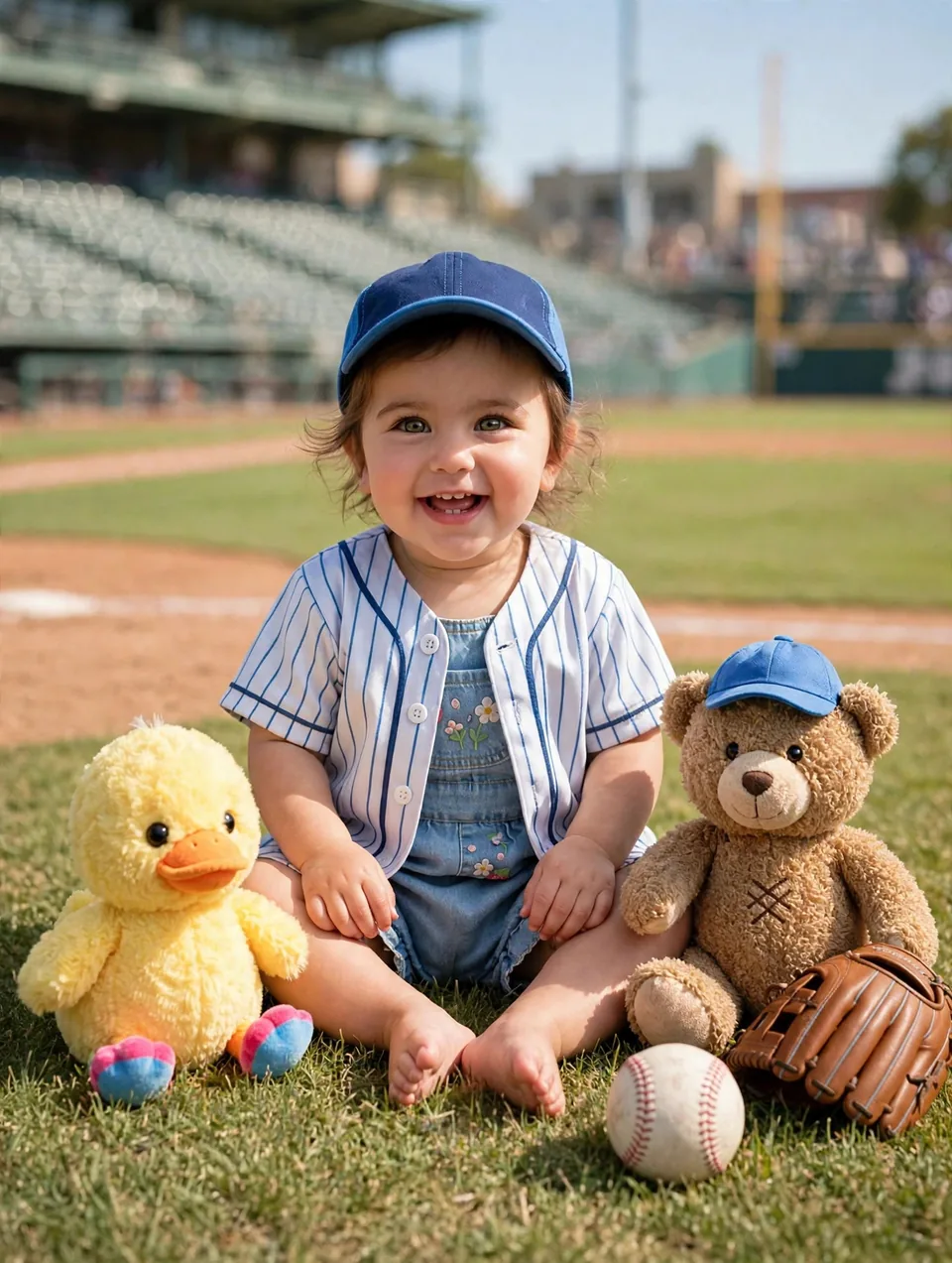 Baseball portrait: the baby in a pinstriped jersey and cap sitting on the grass at a ballpark, her bear in a tiny cap beside a glove and a baseball