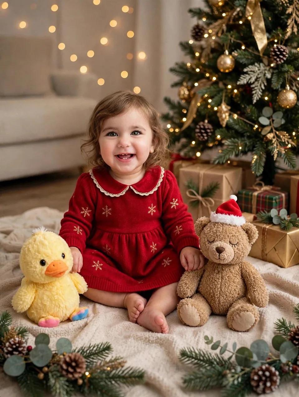 Christmas Morning portrait: the baby in a red holiday dress beside a lit Christmas tree and presents