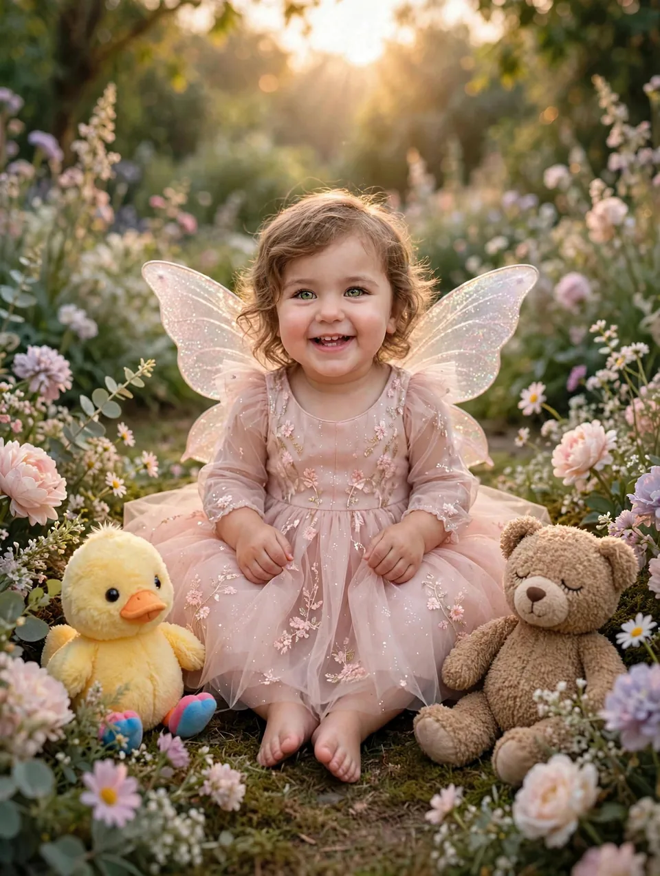 Fairy Garden portrait: the baby in a pink dress with sparkly wings among flowers at golden hour