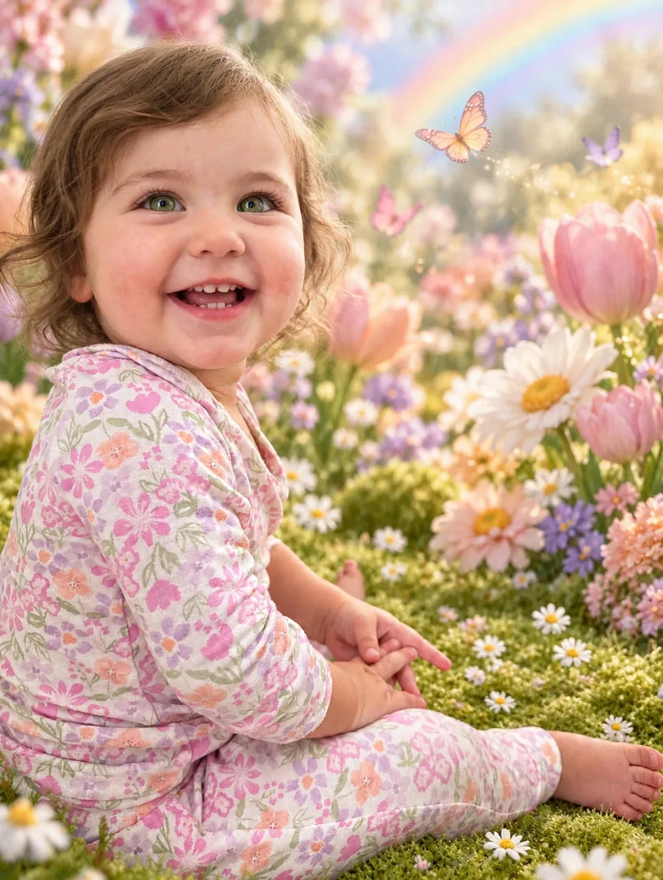 Garden in Bloom portrait: the baby in her floral pajamas sitting in a lush flower garden with oversized tulips and daisies, butterflies, and a rainbow