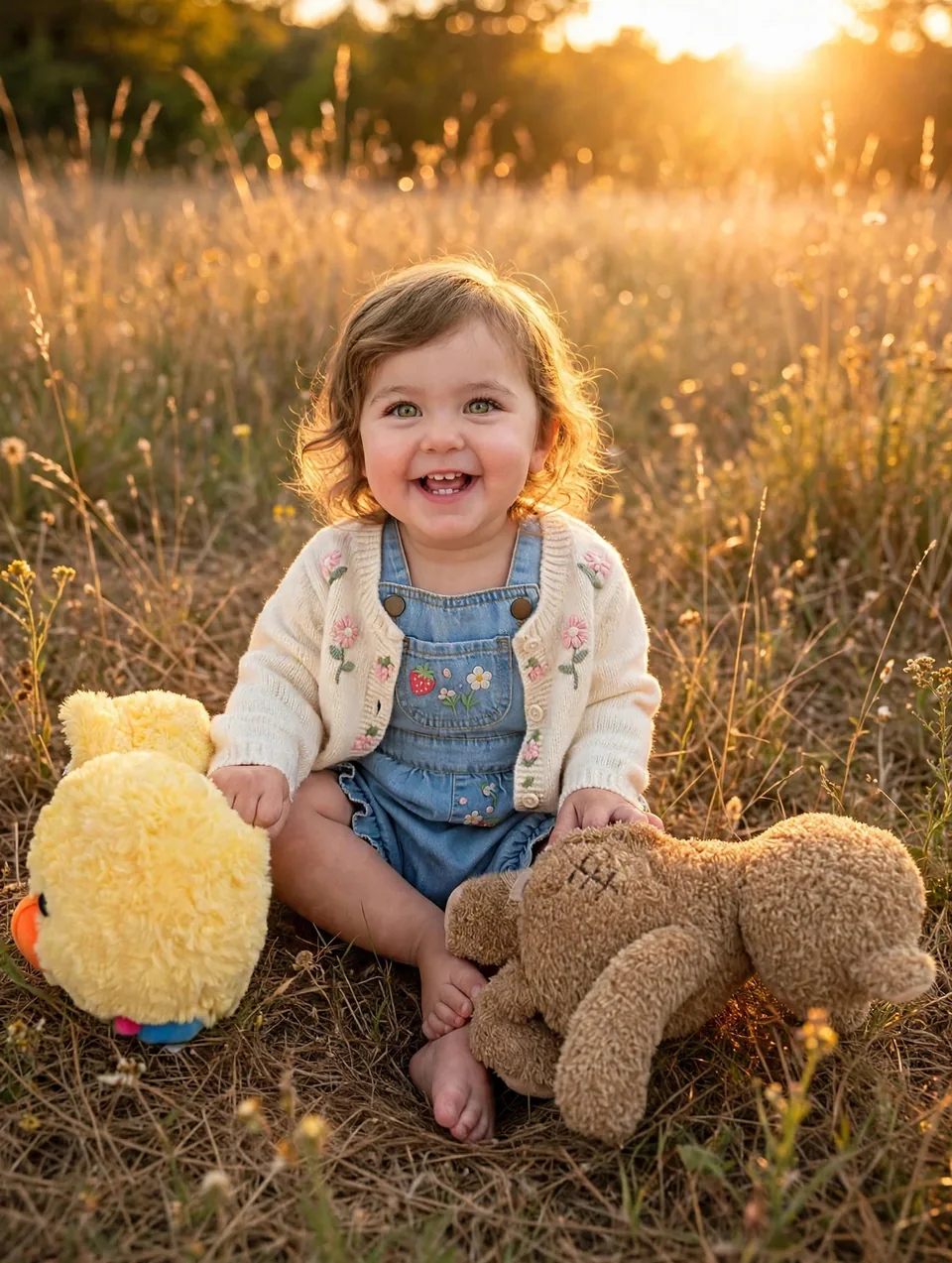 Honey Glow portrait: the baby in her cardigan and overalls with her duck and bear, sitting in a meadow bathed in warm golden-hour light