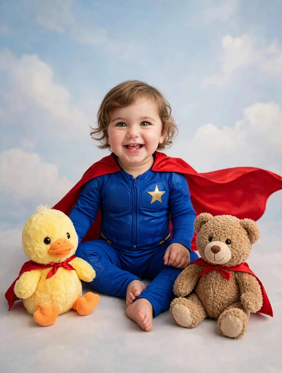 Superhero portrait: the baby in a blue suit and red cape, her duck and bear wearing tiny capes